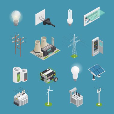 Elektrik güç simgeler izometrik koleksiyonu