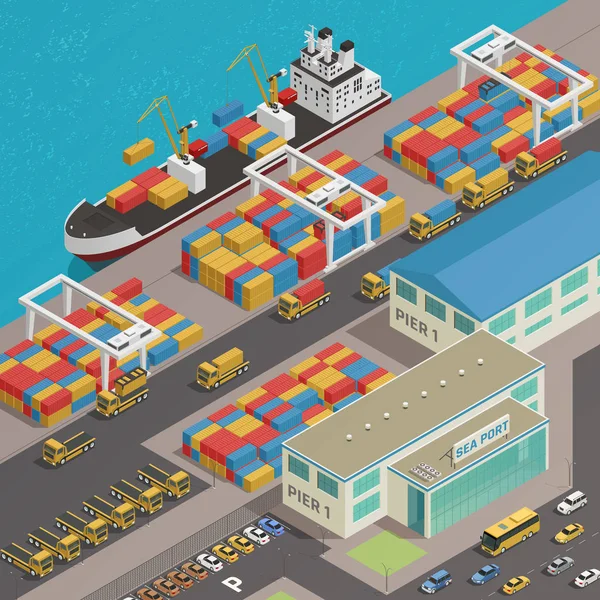 Quai du port de chaland de marchandises Isometric — Image vectorielle