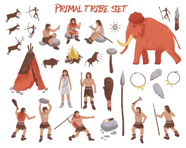 Conjunto de iconos de gente de tribu primitiva — Vector de stock