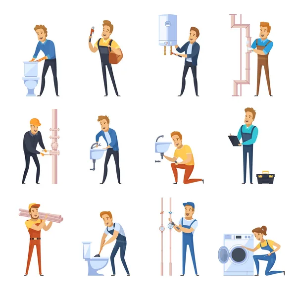 Working Plumbers Flat Color Icons Set — Stock Vector