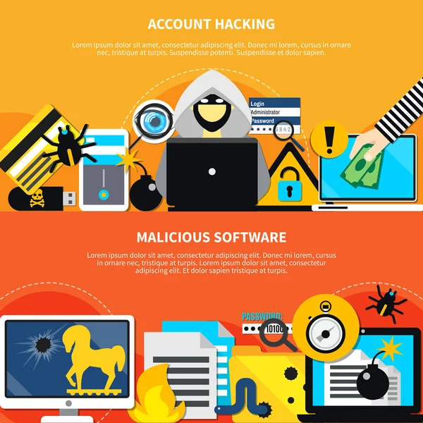 Software dannoso e account Hacking banner orizzontali — Vettoriale Stock