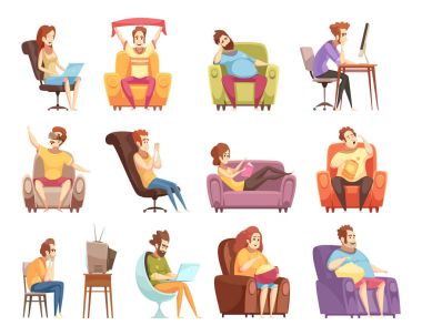 Sedanter yaşam tarzı Retro karikatür Icons Set