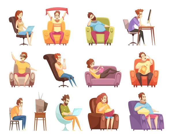 Sedentary Lifestyle Retro Cartoon Icons Set — Stock Vector