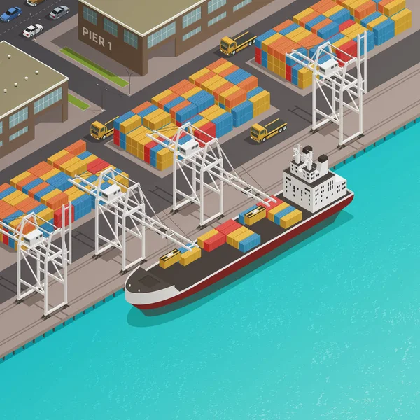 Vracht Barges Harbor Wharf isometrisch — Stockvector