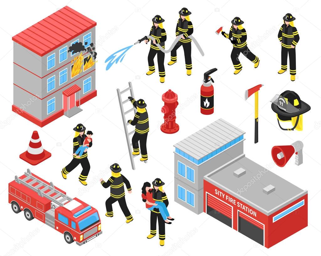 Fire Department Isometric Icons Set 