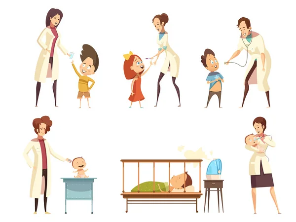 Enfermo niños hospital tratamiento dibujos animados conjunto — Vector de stock