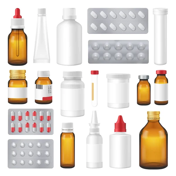 Pharmaceutical Bottles Packs Pills Realistic Set — Stock Vector