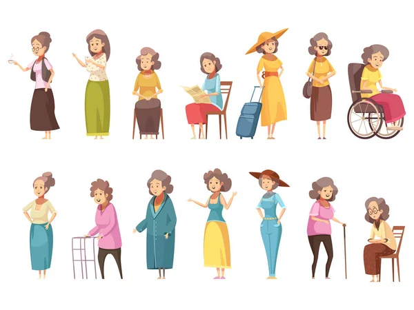 Senior Frauen Cartoon-Ikonen gesetzt — Stockvektor