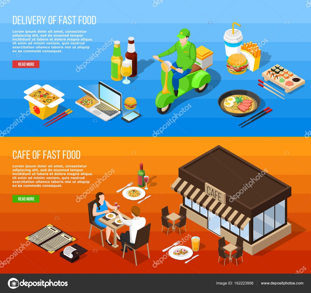Fast Food Delivery Isometric Horizontal Banners Stock Vector Image by ©macrovector 162223956