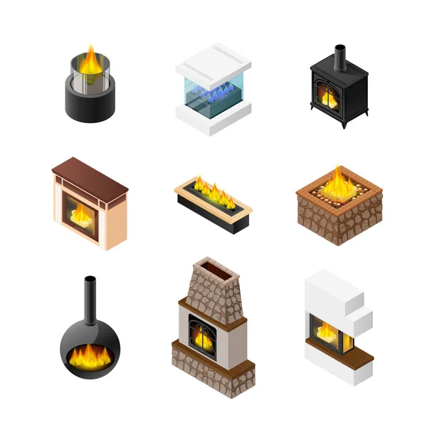 Isometric Fireplace Icon Set — Stock Vector