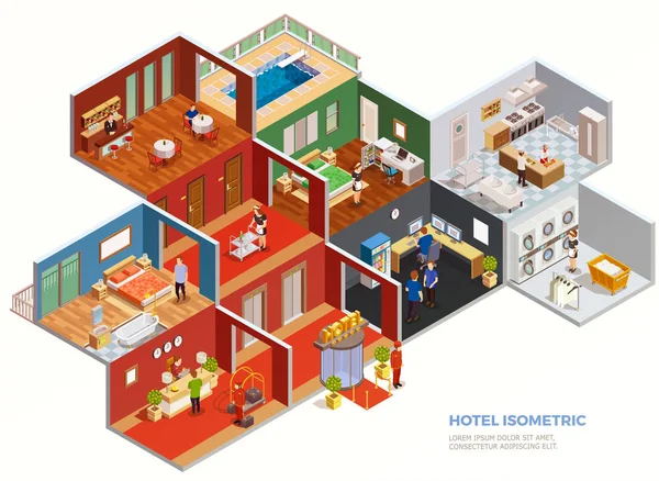 Hotel Isométrico Composición — Vector de stock