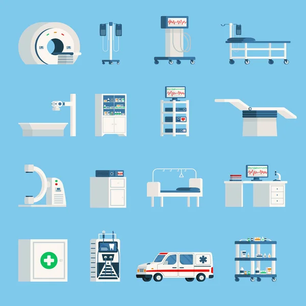 Icone piatte ortogonali dell'attrezzatura ospedaliera — Vettoriale Stock