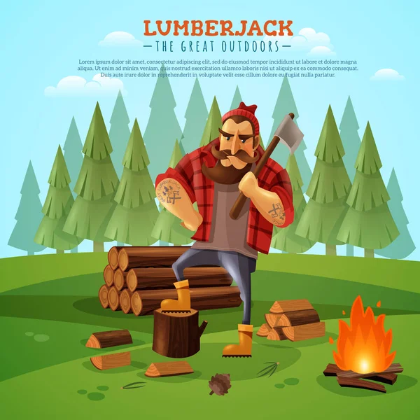 Lumberjack Woodsman ao ar livre Cartaz dos desenhos animados — Vetor de Stock