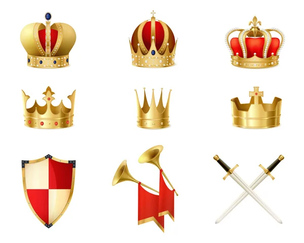 Ensemble de couronnes royales dorées réalistes — Image vectorielle