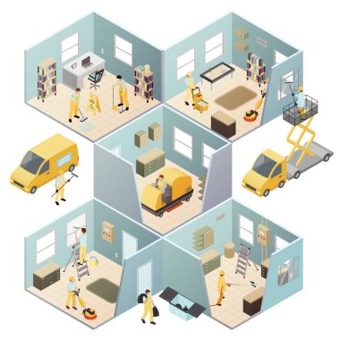 İzometrik endüstriyel temizlik kompozisyon renkli