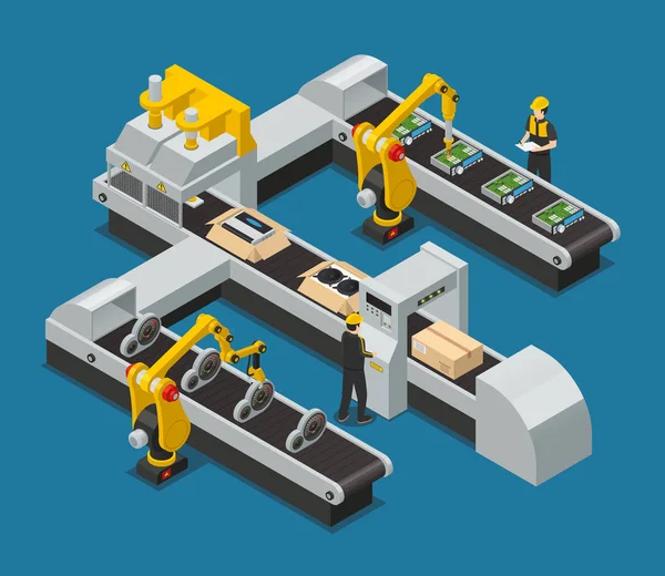 Auto Elettronica Autoelettronica Isometrica Composizione di fabbrica — Vettoriale Stock