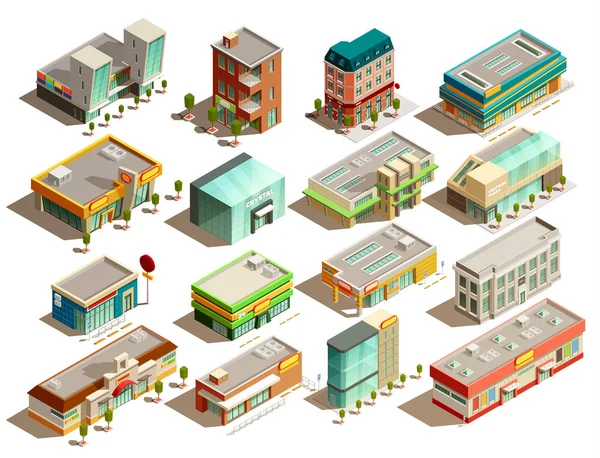 Ensemble d'icônes isométriques des bâtiments de magasin — Image vectorielle