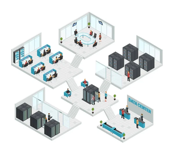 Datacenter Composición isométrica multitienda — Vector de stock