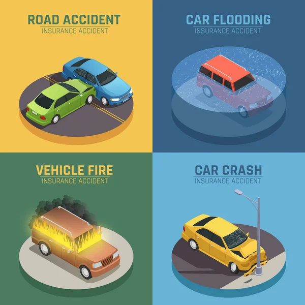 Isometrische Symbole der Autoversicherung quadratisch — Stockvektor