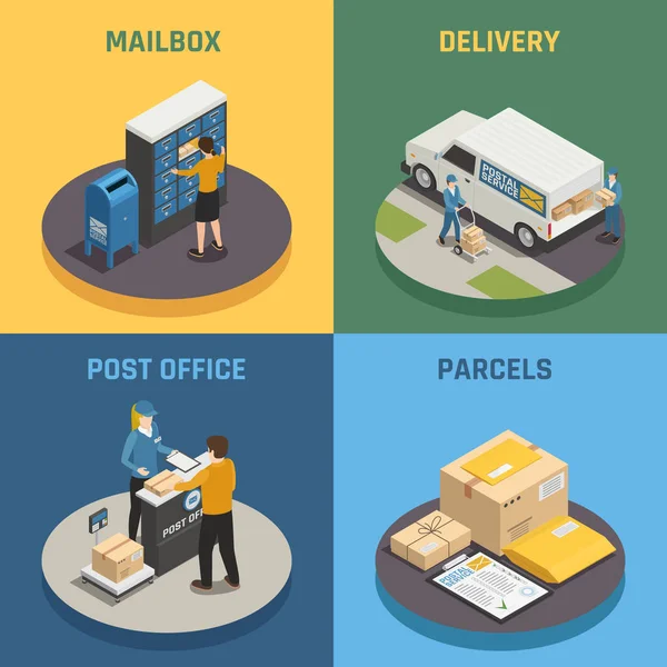 Ícones Isométricos de Serviço Postal Square —  Vetores de Stock