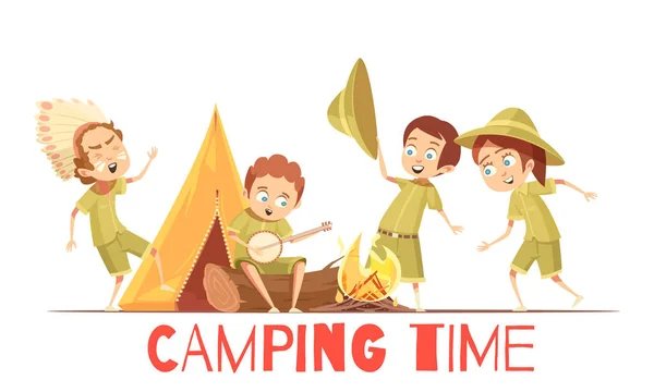 Scouter Camping Retro tecknad affisch — Stock vektor