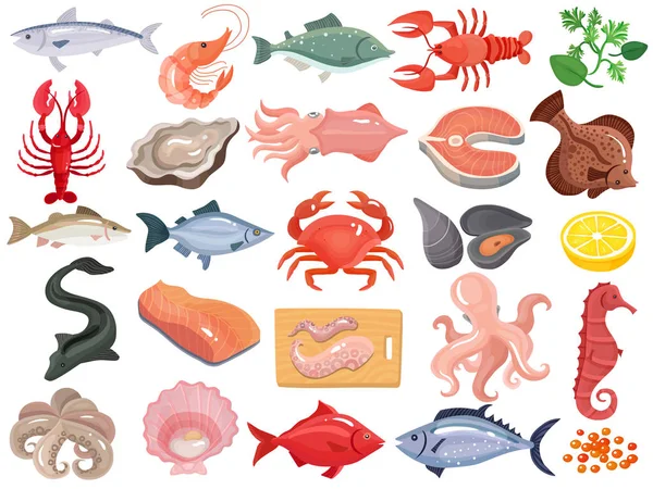 Fisk och skaldjur platt ikoner stora Set — Stock vektor