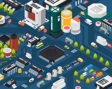 Colored semiconductor electronic components isometric city concept with different elements combined in city vector illustration