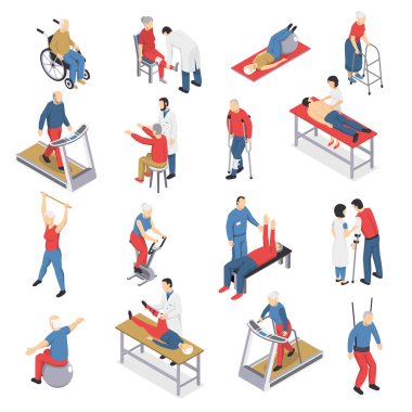 Rehabilitasyon fizyoterapi izometrik Icons Set