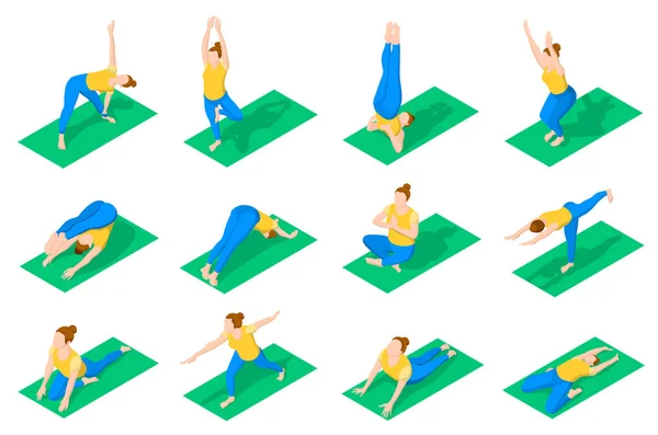 İnsanlar Yoga Poses izometrik Icons — Stok Vektör