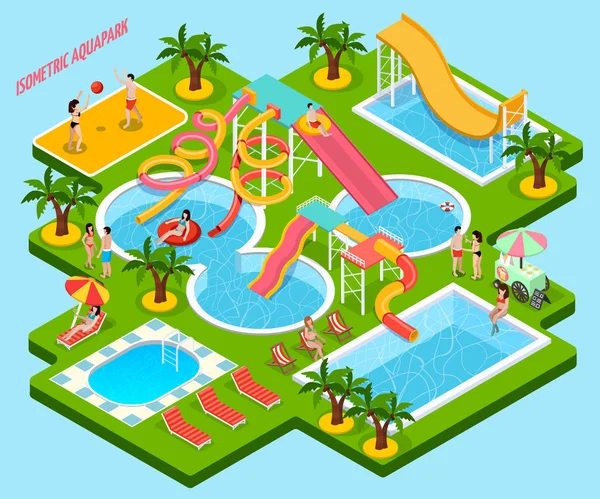 Parque Aquático Aquapark Composição Isométrica — Vetor de Stock