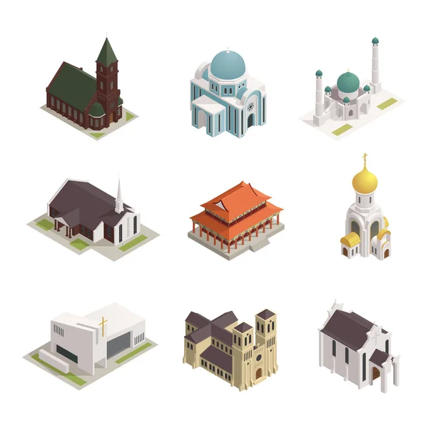 Church Cathedral Mosque Isometric Icons — Stock Vector