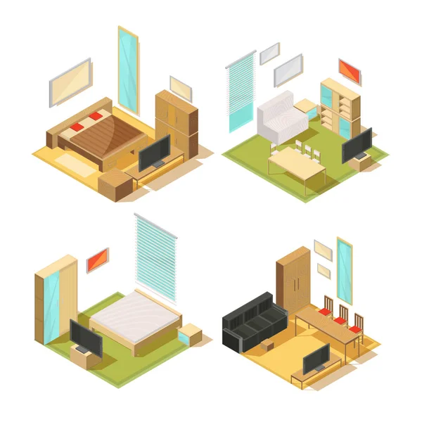 Flat Rooms Isometric Interiors — Stock Vector