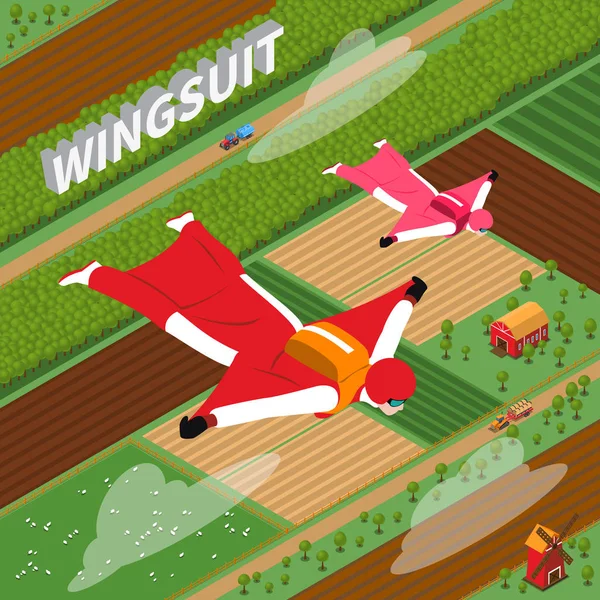Skydivers em Wing Suit Ilustração Isométrica —  Vetores de Stock