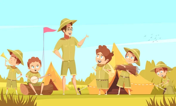 Scouts Camping Retro Cartel de dibujos animados — Archivo Imágenes Vectoriales