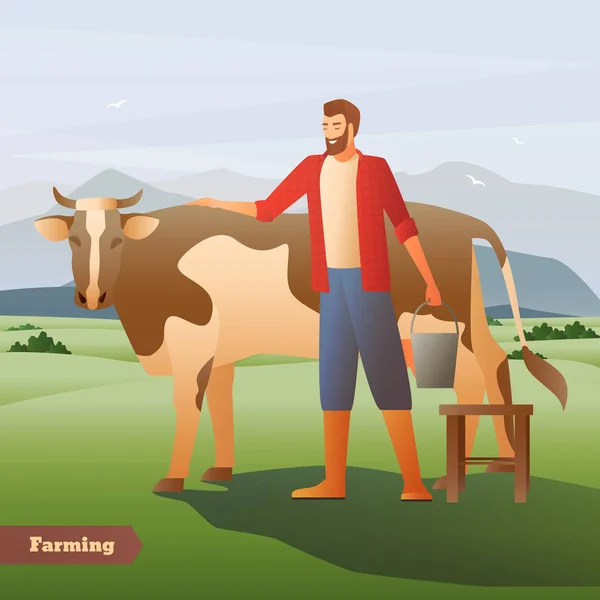 Agricultor con composición plana de vaca — Vector de stock