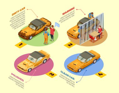  Oto yıkama 4 izometrik Infographic simgeler