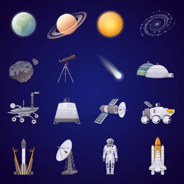 Uzay keşif düz Icons Set  