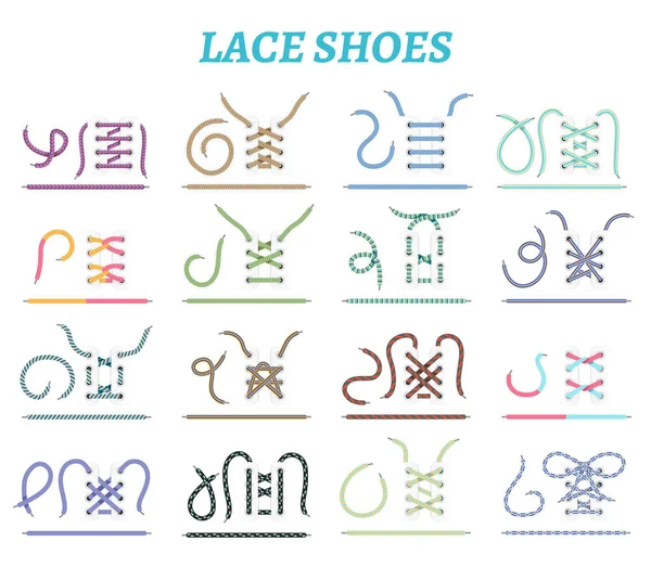 Conjunto de iconos de métodos de cordones de zapatos — Archivo Imágenes Vectoriales