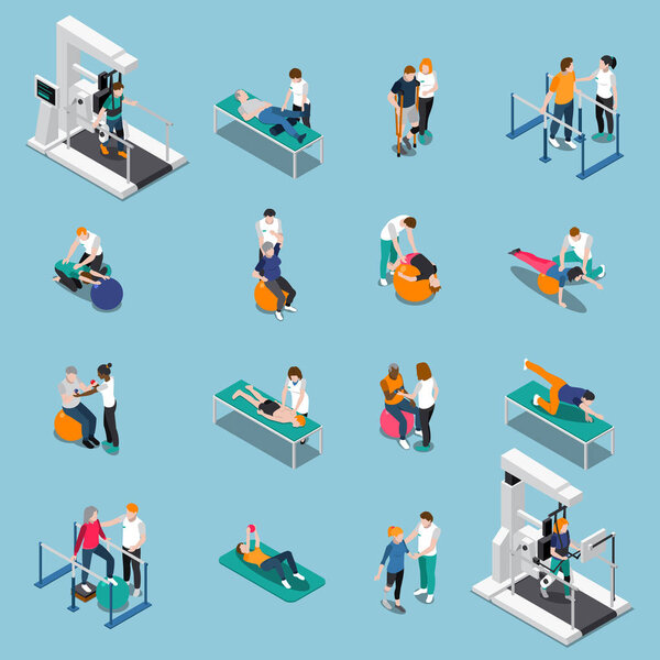 Physiotherapy Rehabilitation Isometric People Icon Set