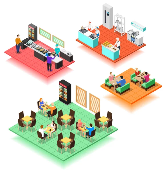 Set Of Isometric Interiors Of Fast Food Restaurant - Stok Vektor