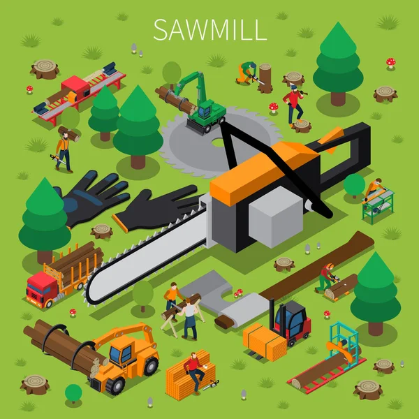 Sawmill Timber Mill Lumberjack Isometric Composition — Stock Vector