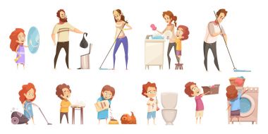 Aile temizlik karikatür Icons Set 