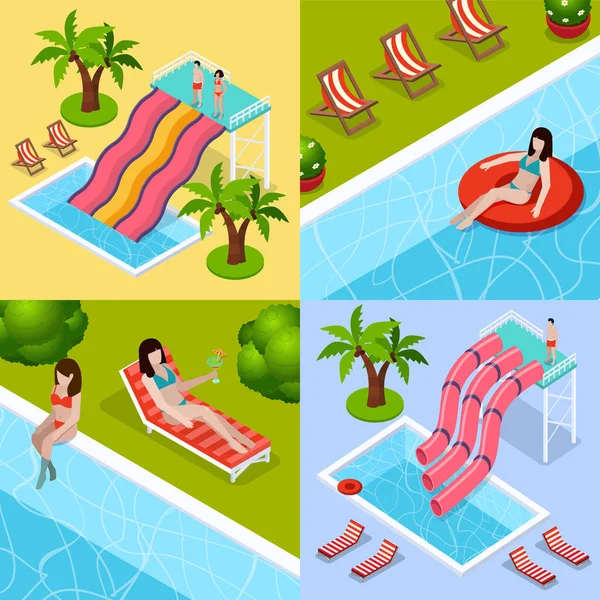 Wasserpark Aquapark isometrisches Symbol-Set — Stockvektor