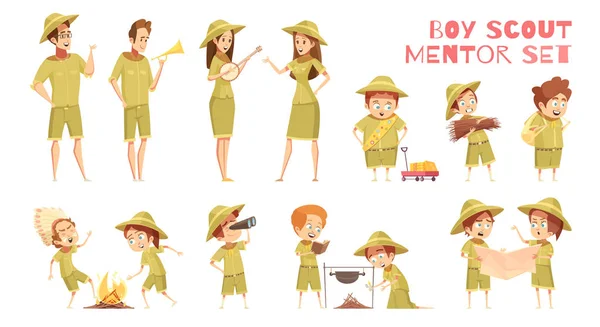 Scouts mentoren Cartoon Icons Set — Stockvector