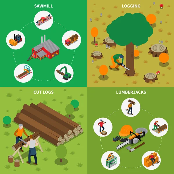 Kereste Ahşap Mill oduncu izometrik kompozisyon