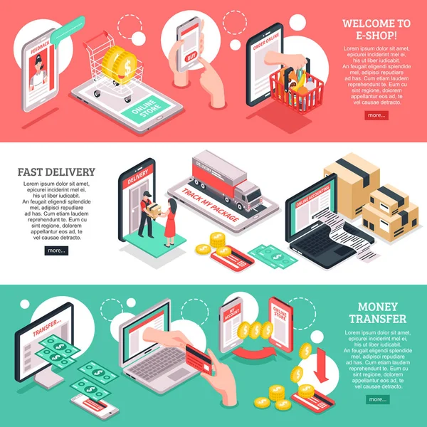 İzometrik E-ticaret afiş kümesi 