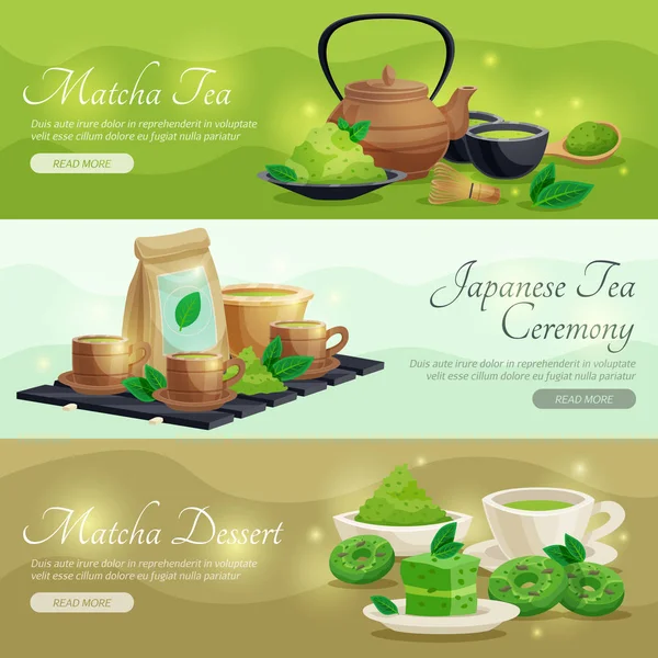 Banners horizontales de té Matcha verde — Vector de stock
