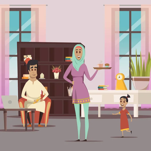 Mulher árabe e família fundo — Vetor de Stock