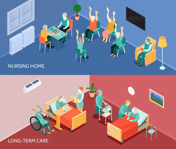 Bannières horizontales isométriques de maison de soins infirmiers — Image vectorielle