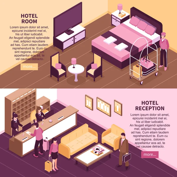 Conjunto de pancartas de hotel isométrico de colores — Vector de stock